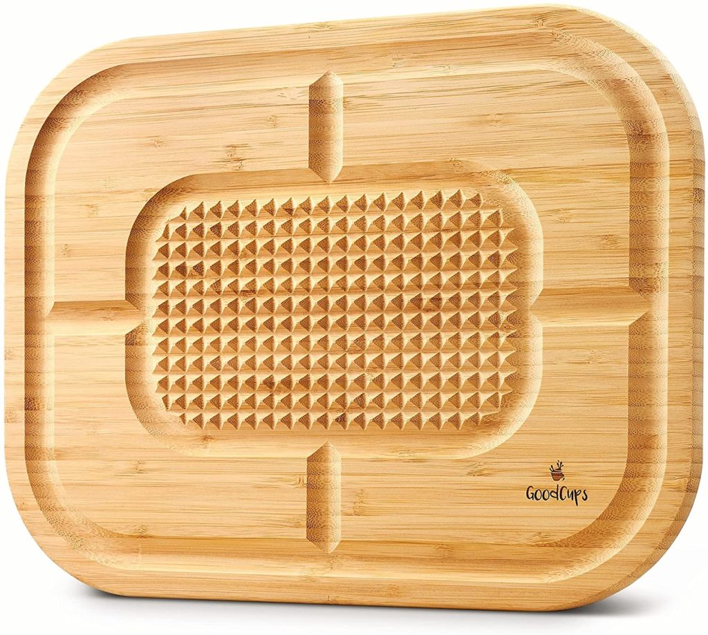 wooden cutting board with grooves and textures
