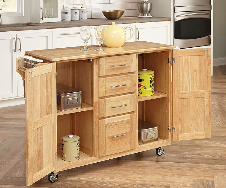 wooden kitchen cart with drawers and open cabinets
