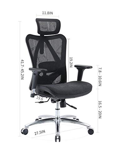 SIHOO Ergonomic Adjustable Office Chair with 3D Arm Rests and Lumbar Support - High Back with Breathable Mesh - Mesh Seat Cushion - Adjustable Head & Reclines(Black)