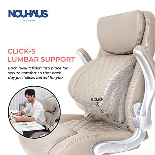NOUHAUS +Posture Ergonomic PU Leather Office Chair. Click5 Lumbar Support with FlipAdjust Armrests. Modern Executive Chair and Computer Desk Chair (Taupe)