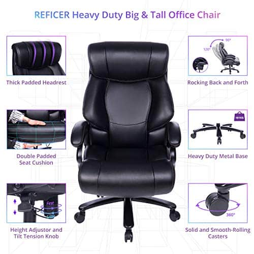 REFICCER Big and Tall 400lb Executive Office Chair High Back Leather Heavy Duty Desk Computer Task Swivel Chairs with Adjustable Tilt Angle, Thick Padding and Ergonomic Design Lumbar Support, Black