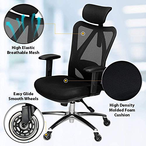Duramont Ergonomic Adjustable Office Chair with Lumbar Support and Rollerblade Wheels - High Back with Breathable Mesh - Thick Seat Cushion - Adjustable Head & Arm Rests, Seat Height - Reclines