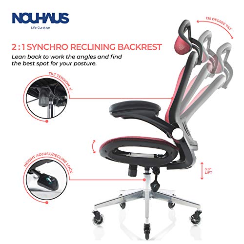 NOUHAUS ErgoFlip Mesh Computer Chair - Burgundy Rolling Desk Chair with Retractable Armrest and Blade Wheels Ergonomic Office Chair, Gaming Chairs, Executive Swivel Chair/High Spec Base