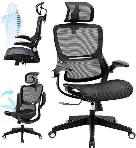 SAMOFU Office Chair Ergonomic Desk Chair Mesh Computer Chair with 3D Lumbar Support, Adjustable Headrest and Flip up Arms,Technical Task Swivel Executive High Back Home Office Chair (Black)