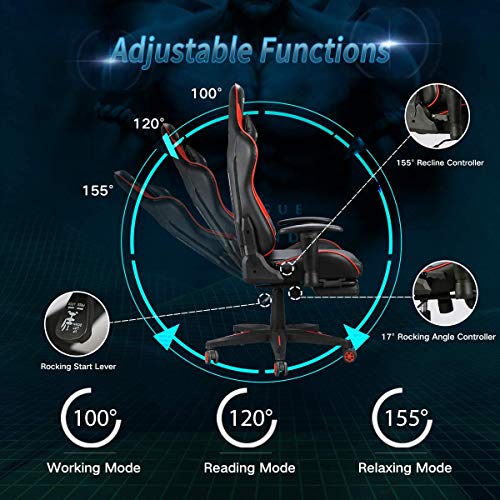 Hbada Gaming Chair Racing Style Ergonomic High Back Computer Chair with Height Adjustment, Headrest and Lumbar Support E-Sports Swivel Chair with Footrest, Red
