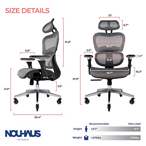 NOUHAUS Ergo3D Ergonomic Office Chair - Rolling Desk Chair with 3D Adjustable Armrest, 3D Lumbar Support and Blade Wheels - Mesh Computer Chair, Gaming Chairs, Executive Swivel Chair (Gray)