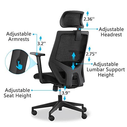 Ergonomic Office Chair, Mesh Chair with Lumbar Support, Tribesigns High Back Desk Chair with Breathable Mesh, Thick Seat Cushion, Adjustable Armrest, Backrest and Headrest