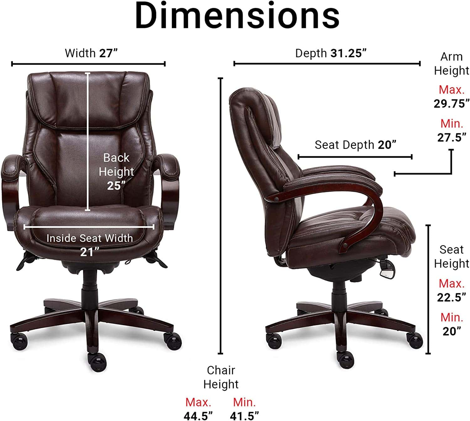 La-Z-Boy 45783 Bellamy Executive Bonded Leather Office Chair Dimensions
