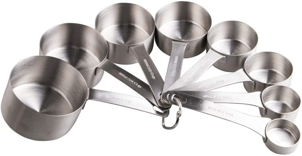 stainless steel measuring cups on a key ring